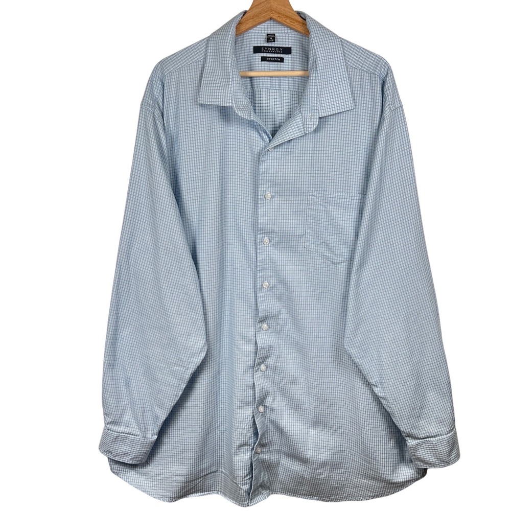 SYNRGY Performance Stretch Mens Blue Plaid Button Down Shirt 19 37/38 Big Tall‎